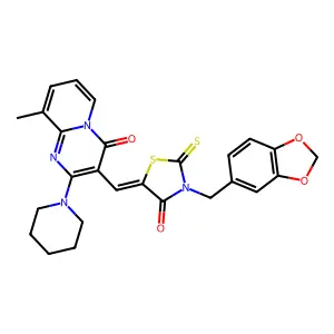 3-{(Z)-[3-(1,3-benzodioxol-5-ylmethyl)-4-oxo-2-thioxo-1,3-thiazolidin-5-ylidene]methyl}-9-methyl-2-(piperidin-1-yl)-4H-pyrido[1,2-a]pyrimidin-4-one structure