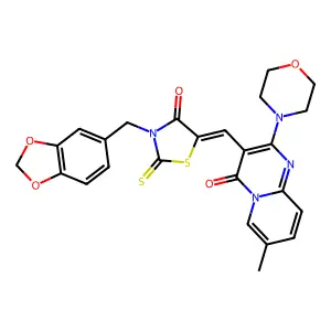 3-{(Z)-[3-(1,3-benzodioxol-5-ylmethyl)-4-oxo-2-thioxo-1,3-thiazolidin-5-ylidene]methyl}-7-methyl-2-(morpholin-4-yl)-4H-pyrido[1,2-a]pyrimidin-4-one structure