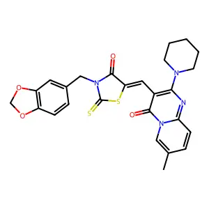 3-{(Z)-[3-(1,3-benzodioxol-5-ylmethyl)-4-oxo-2-thioxo-1,3-thiazolidin-5-ylidene]methyl}-7-methyl-2-(piperidin-1-yl)-4H-pyrido[1,2-a]pyrimidin-4-one structure