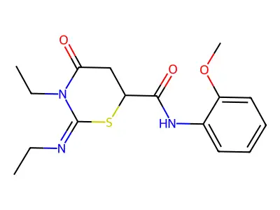 3-ethyl-2-(ethylimino)-N-(2-methoxyphenyl)-4-oxo-1,3-thiazinane-6-carboxamide structure