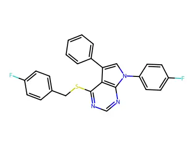 4-((4-fluorobenzyl)thio)-7-(4-fluorophenyl)-5-phenyl-7H-pyrrolo[2,3-d]pyrimidine structure
