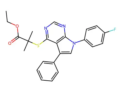 ethyl 2-{[7-(4-fluorophenyl)-5-phenyl-7H-pyrrolo[2,3-d]pyrimidin-4-yl]sulfanyl}-2-methylpropanoate structure