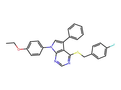 7-(4-ethoxyphenyl)-4-((4-fluorobenzyl)thio)-5-phenyl-7H-pyrrolo[2,3-d]pyrimidine structure