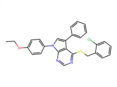 4-((2-chlorobenzyl)thio)-7-(4-ethoxyphenyl)-5-phenyl-7H-pyrrolo[2,3-d]pyrimidine structure