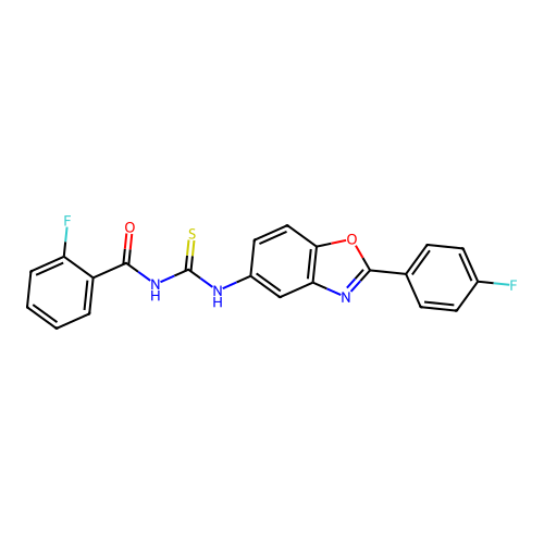 2-fluoro-N-{[2-(4-fluorophenyl)-1,3-benzoxazol-5-yl]carbamothioyl}benzamide structure