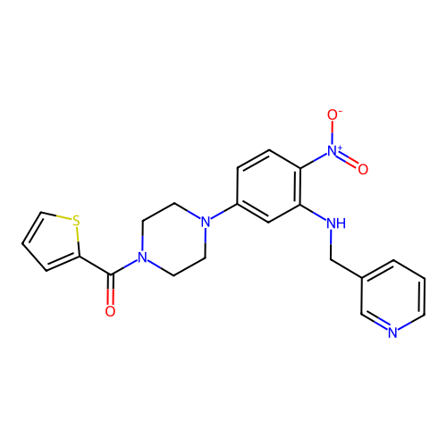 (4-(4-nitro-3-((pyridin-3-ylmethyl)amino)phenyl)piperazin-1-yl)(thiophen-2-yl)methanone structure