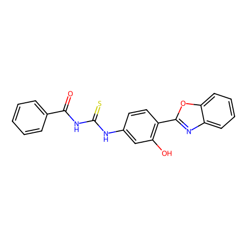 N-((4-(benzo[d]oxazol-2-yl)-3-hydroxyphenyl)carbamothioyl)benzamide structure