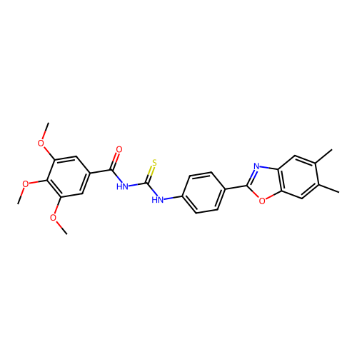 N-((4-(5,6-dimethylbenzo[d]oxazol-2-yl)phenyl)carbamothioyl)-3,4,5-trimethoxybenzamide structure
