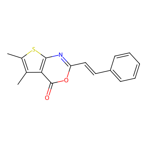 5,6-dimethyl-2-[(E)-2-phenylethenyl]thieno[2,3-d][1,3]oxazin-4-one structure