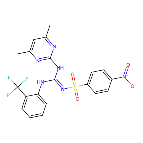 N-[(Z)-[(4,6-dimethylpyrimidin-2-yl)amino]{[2-(trifluoromethyl)phenyl]amino}methylidene]-4-nitrobenzenesulfonamide structure