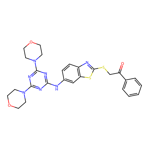 2-[(6-{[4,6-di(morpholin-4-yl)-1,3,5-triazin-2-yl]amino}-1,3-benzothiazol-2-yl)sulfanyl]-1-phenylethanone structure