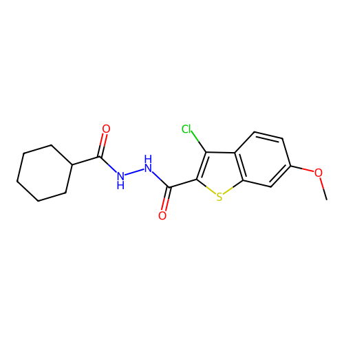 3-chloro-N'-(cyclohexylcarbonyl)-6-methoxy-1-benzothiophene-2-carbohydrazide structure