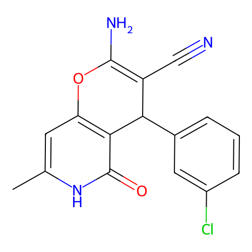 2-amino-4-(3-chlorophenyl)-7-methyl-5-oxo-5,6-dihydro-4H-pyrano[3,2-c]pyridine-3-carbonitrile structure