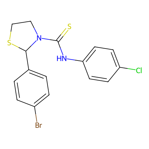 2-(4-bromophenyl)-N-(4-chlorophenyl)-1,3-thiazolidine-3-carbothioamide structure