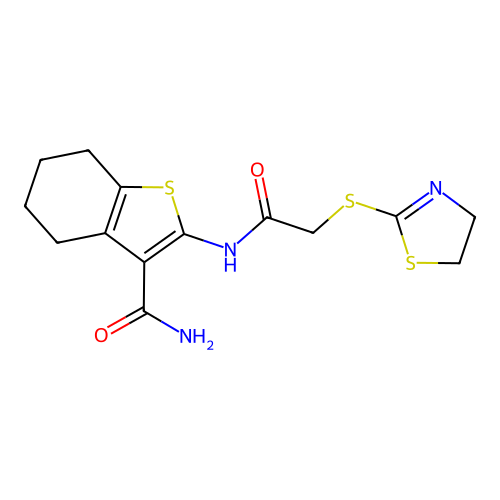 2-[[2-(4,5-dihydro-1,3-thiazol-2-ylsulfanyl)acetyl]amino]-4,5,6,7-tetrahydro-1-benzothiophene-3-carboxamide structure