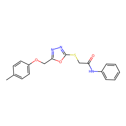 2-({5-[(4-methylphenoxy)methyl]-1,3,4-oxadiazol-2-yl}sulfanyl)-N-phenylacetamide structure