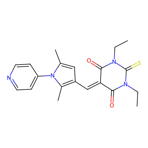 5-{[2,5-dimethyl-1-(pyridin-4-yl)-1H-pyrrol-3-yl]methylidene}-1,3-diethyl-2-thioxodihydropyrimidine-4,6(1H,5H)-dione structure