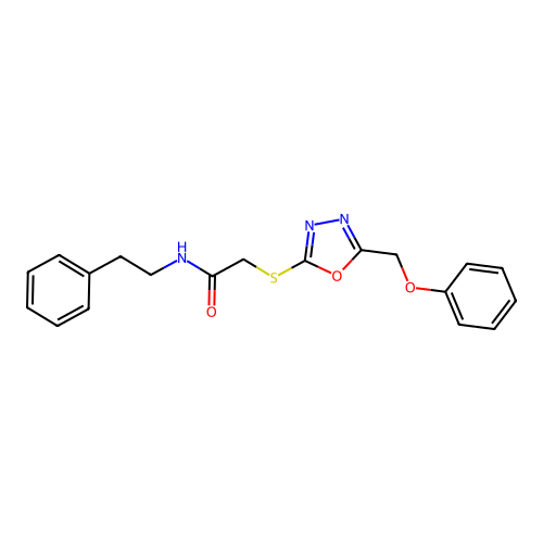 2-{[5-(phenoxymethyl)-1,3,4-oxadiazol-2-yl]sulfanyl}-N-(2-phenylethyl)acetamide structure