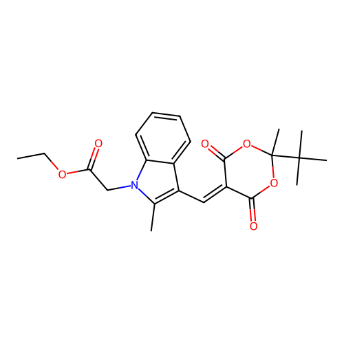 ethyl {3-[(2-tert-butyl-2-methyl-4,6-dioxo-1,3-dioxan-5-ylidene)methyl]-2-methyl-1H-indol-1-yl}acetate structure