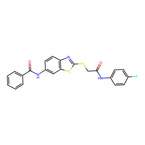 N-[2-[(4-fluorophenyl)carbamoylmethylsulfanyl]benzothiazol-6-yl]benzamide structure
