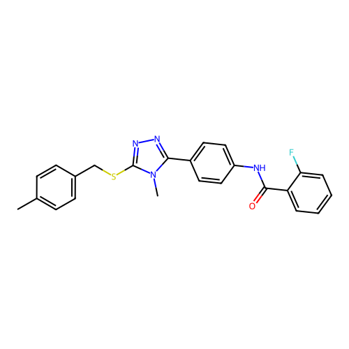 2-fluoro-N-[4-[4-methyl-5-[(4-methylphenyl)methylsulfanyl]-1,2,4-triazol-3-yl]phenyl]benzamide structure