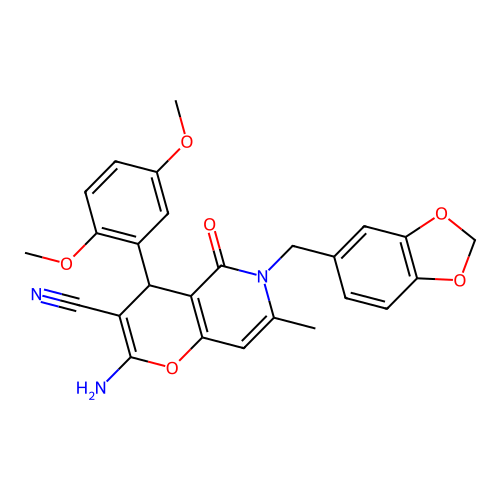 2-amino-6-(1,3-benzodioxol-5-ylmethyl)-4-(2,5-dimethoxyphenyl)-7-methyl-5-oxo-5,6-dihydro-4H-pyrano[3,2-c]pyridine-3-carbonitrile structure