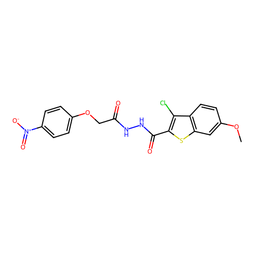 3-chloro-6-methoxy-N'-[(4-nitrophenoxy)acetyl]-1-benzothiophene-2-carbohydrazide structure
