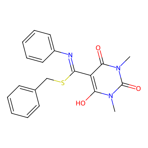 5-[(benzylsulfanyl)(phenylamino)methylidene]-1,3-dimethylpyrimidine-2,4,6(1H,3H,5H)-trione structure