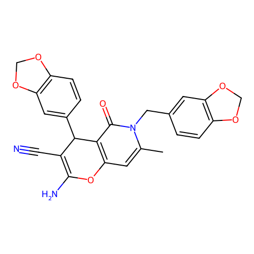 2-amino-4-(1,3-benzodioxol-5-yl)-6-(1,3-benzodioxol-5-ylmethyl)-7-methyl-5-oxo-5,6-dihydro-4H-pyrano[3,2-c]pyridine-3-carbonitrile structure