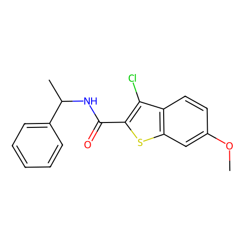3-chloro-6-methoxy-N-(1-phenylethyl)-1-benzothiophene-2-carboxamide structure