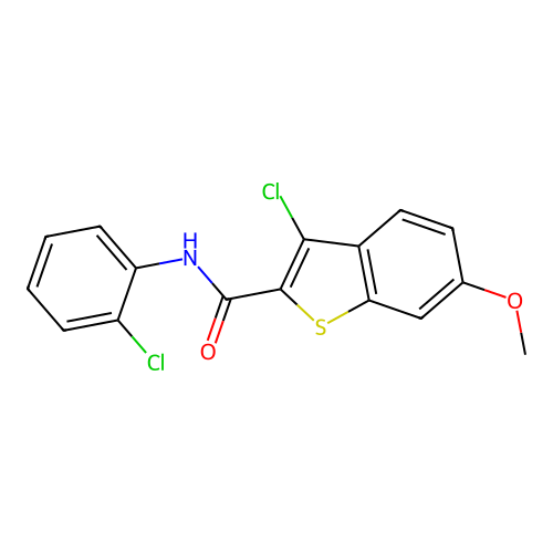 3-chloro-N-(2-chlorophenyl)-6-methoxy-1-benzothiophene-2-carboxamide structure