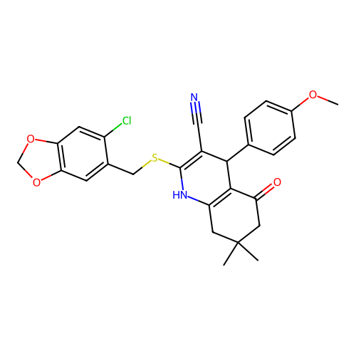 2-(((6-chlorobenzo[d][1,3]dioxol-5-yl)methyl)thio)-4-(4-methoxyphenyl)-7,7-dimethyl-5-oxo-1,4,5,6,7,8-hexahydroquinoline-3-carbonitrile structure
