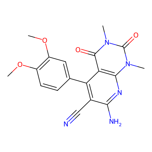7-amino-5-(3,4-dimethoxyphenyl)-1,3-dimethyl-2,4-dioxo-1,2,3,4-tetrahydropyrido[2,3-d]pyrimidine-6-carbonitrile structure