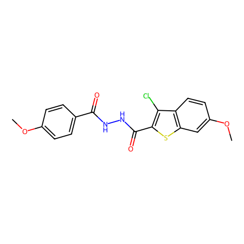 3-chloro-6-methoxy-N'-(4-methoxybenzoyl)-1-benzothiophene-2-carbohydrazide structure