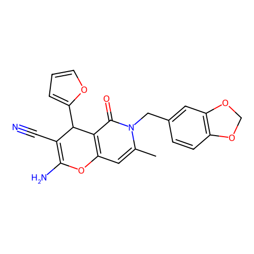 2-amino-6-(benzo[d][1,3]dioxol-5-ylmethyl)-4-(furan-2-yl)-7-methyl-5-oxo-5,6-dihydro-4H-pyrano[3,2-c]pyridine-3-carbonitrile structure