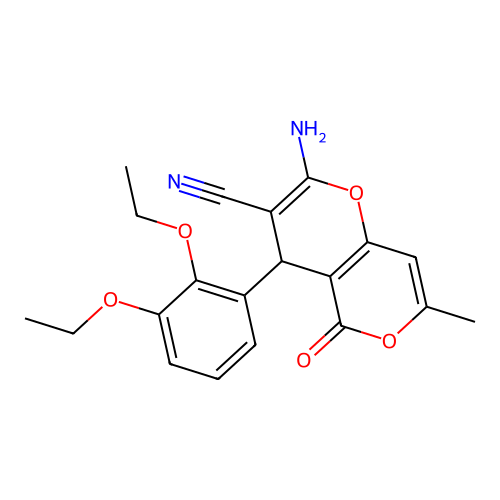 2-amino-4-(2,3-diethoxyphenyl)-7-methyl-5-oxo-4H,5H-pyrano[4,3-b]pyran-3-carbonitrile structure