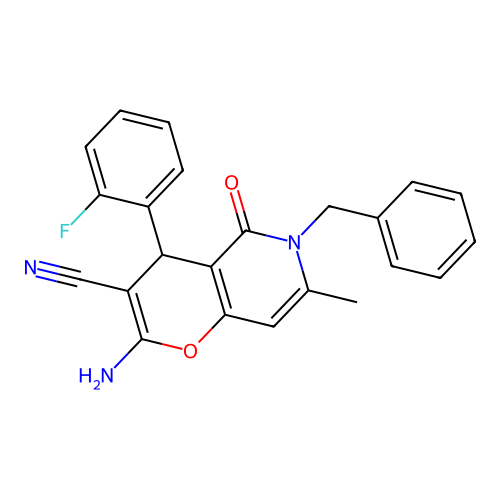 2-amino-6-benzyl-4-(2-fluorophenyl)-7-methyl-5-oxo-5,6-dihydro-4H-pyrano[3,2-c]pyridine-3-carbonitrile structure