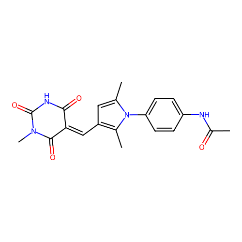 N-(4-{2,5-dimethyl-3-[(E)-(1-methyl-2,4,6-trioxotetrahydropyrimidin-5(2H)-ylidene)methyl]-1H-pyrrol-1-yl}phenyl)acetamide structure