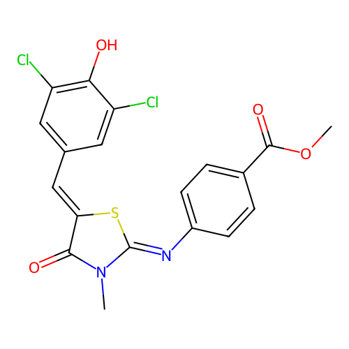methyl 4-((E)-((Z)-5-(3,5-dichloro-4-hydroxybenzylidene)-3-methyl-4-oxothiazolidin-2-ylidene)amino)benzoate structure