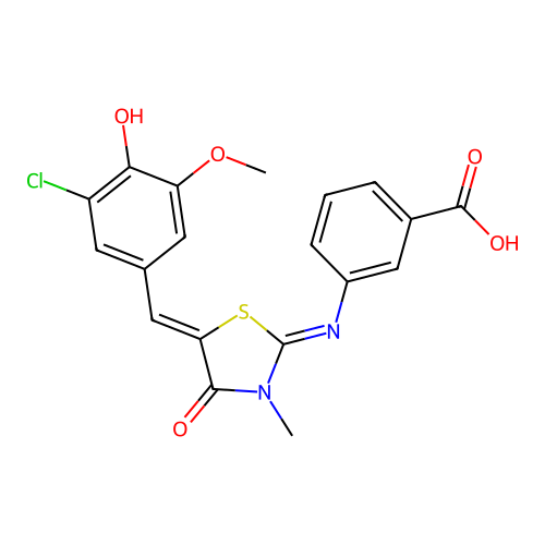 3-((E)-((Z)-5-(3-chloro-4-hydroxy-5-methoxybenzylidene)-3-methyl-4-oxothiazolidin-2-ylidene)amino)benzoic acid structure