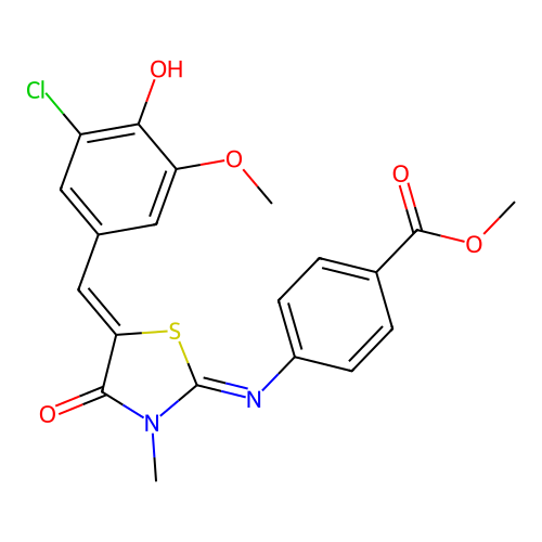 methyl 4-((E)-((Z)-5-(3-chloro-4-hydroxy-5-methoxybenzylidene)-3-methyl-4-oxothiazolidin-2-ylidene)amino)benzoate structure
