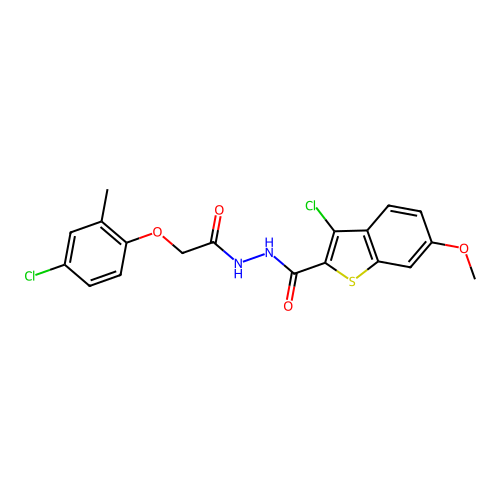 3-chloro-N'-[(4-chloro-2-methylphenoxy)acetyl]-6-methoxy-1-benzothiophene-2-carbohydrazide structure