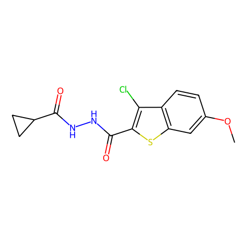 3-chloro-N'-(cyclopropylcarbonyl)-6-methoxy-1-benzothiophene-2-carbohydrazide structure