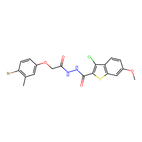 N'-[(4-bromo-3-methylphenoxy)acetyl]-3-chloro-6-methoxy-1-benzothiophene-2-carbohydrazide structure