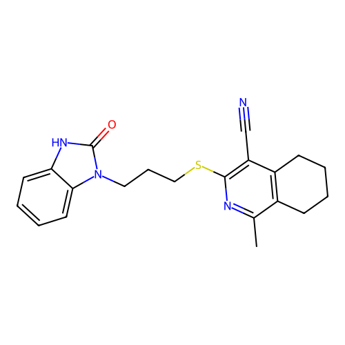 1-methyl-3-{[3-(2-oxo-2,3-dihydro-1H-benzimidazol-1-yl)propyl]sulfanyl}-5,6,7,8-tetrahydroisoquinoline-4-carbonitrile structure