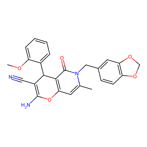 2-amino-6-(1,3-benzodioxol-5-ylmethyl)-4-(2-methoxyphenyl)-7-methyl-5-oxo-5,6-dihydro-4H-pyrano[3,2-c]pyridine-3-carbonitrile structure