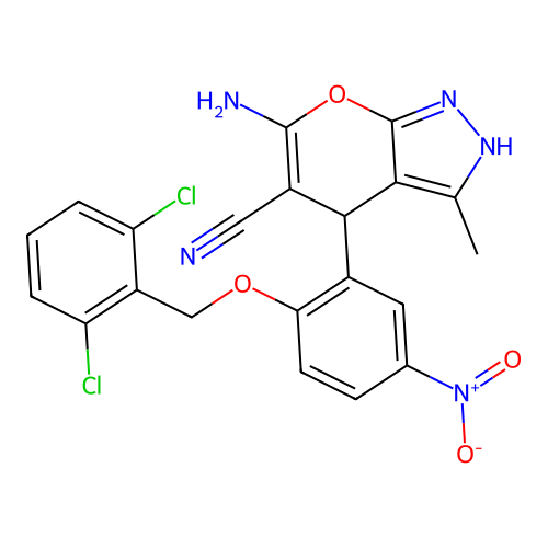 6-amino-4-(2-((2,6-dichlorobenzyl)oxy)-5-nitrophenyl)-3-methyl-1,4-dihydropyrano[2,3-c]pyrazole-5-carbonitrile structure