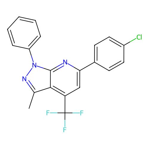 6-(4-chlorophenyl)-3-methyl-1-phenyl-4-(trifluoromethyl)-1H-pyrazolo[3,4-b]pyridine structure
