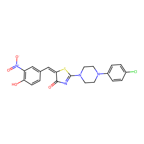(5E)-2-[4-(4-chlorophenyl)piperazin-1-yl]-5-[(4-hydroxy-3-nitrophenyl)methylidene]-1,3-thiazol-4-one structure