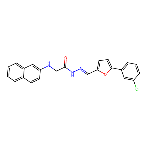 N-[(E)-[5-(3-chlorophenyl)-2-furyl]methyleneamino]-2-(2-naphthylamino)acetamide structure